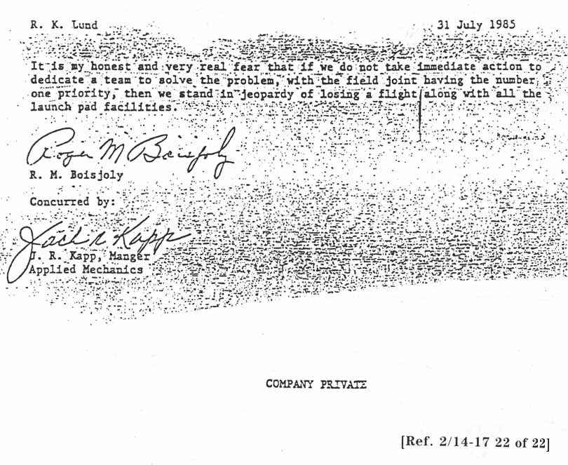 Interoffice Memo, Morton Thiokol, Inc.; From: R. Boisjoly to R.K. Lund. Subject: SRM O-Ring Erosion/Potential Failure Criticality. Dated: 31 July 1985. - continued.