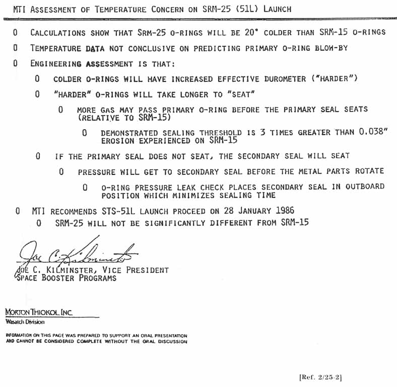 MTI ASSESSMENT OF TEMPERATURE CONCERN ON SRM-25 (51L) LAUNCH. Signed: Joe Kilminster.