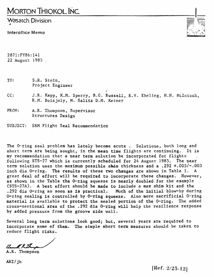 Morton Thiokol Interoffice memo; Subject: SRM Flight Seal Recommendation; From: A.R. Thompson 22 August 1985.