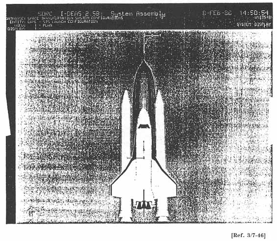 Computer-drawn picture of the launch vehicle looking down on top with the SRB released from its lower link.