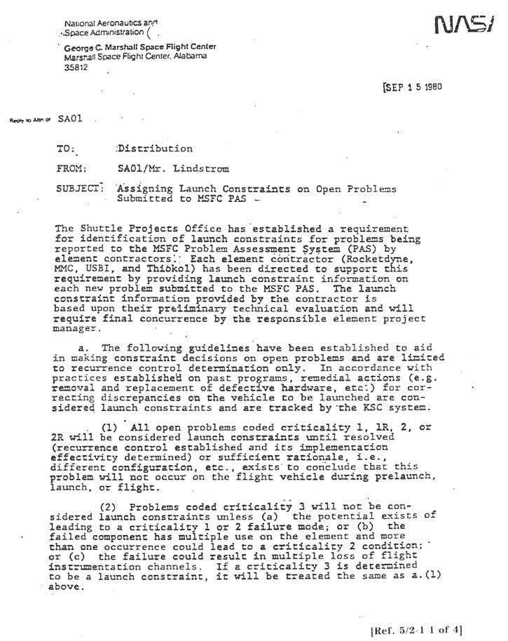 NASA (MSFC) Letter dated Sept. 15, 1980. Subject: Assigning Launch Constraints on Open Problems Submitted to MSFC PAS-.
