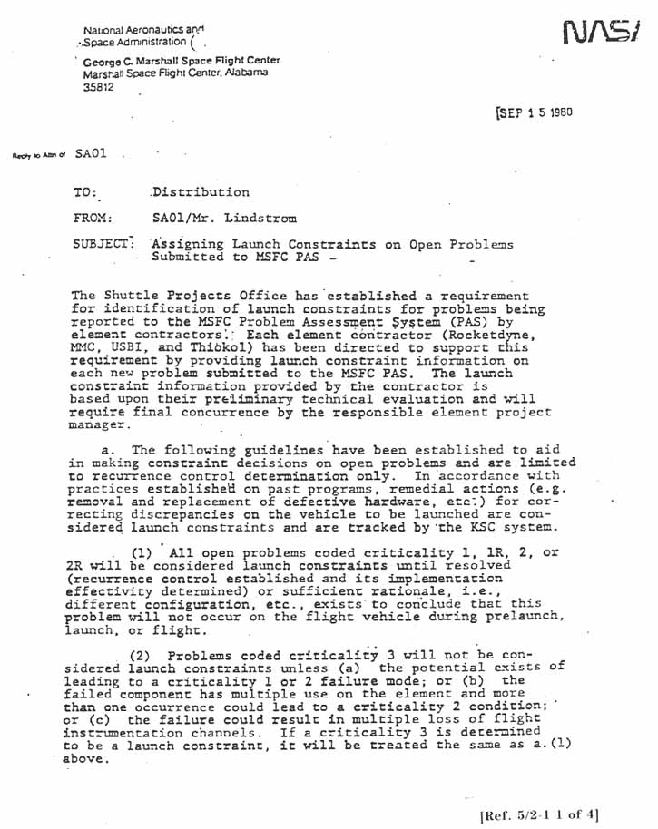 NASA (MSFC) Letter dated Sept. 15, 1980. Subject: Assigning Launch Constraints on Open Problems Submitted to MSFC PAS-.