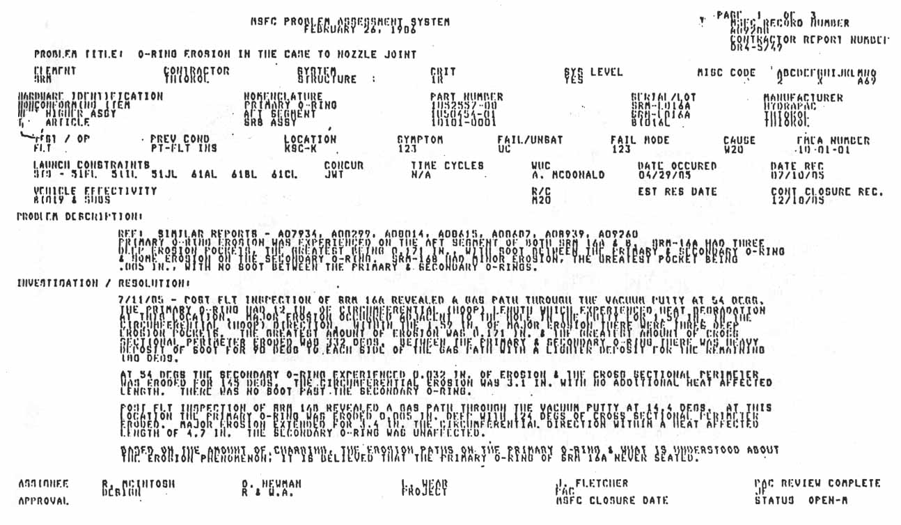 MSFC Problem Assessment System: Problem Title: O-Ring Erosion in the Case to Nozzle Joint.