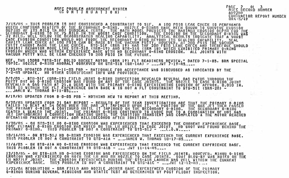 MSFC Problem Assessment System: Problem Title: O-Ring Erosion in the Case to Nozzle Joint.(continued) 
