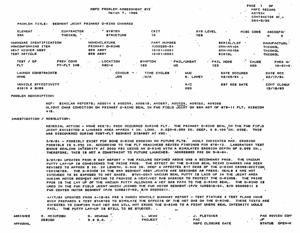 MSFC Problem Assessment System: Problem Title: Segment Joint Primary O-Ring Charred.