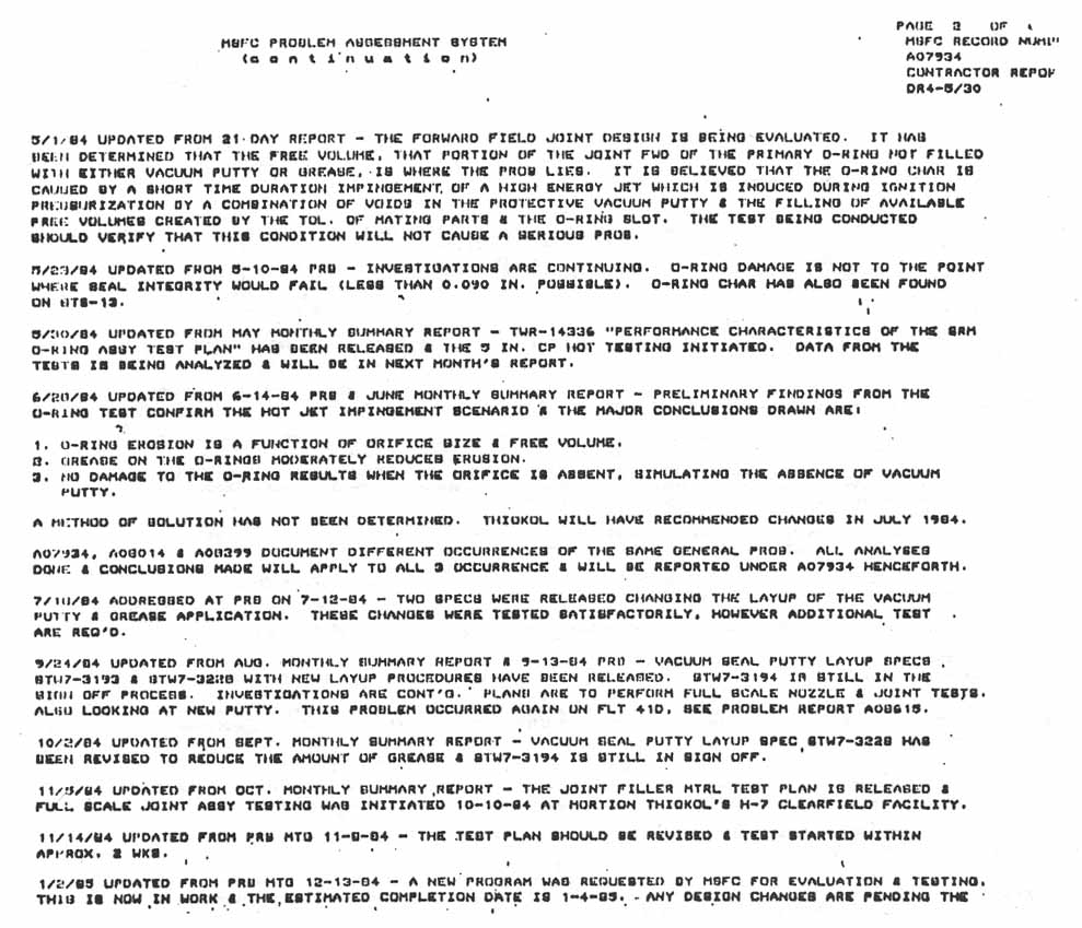 MSFC Problem Assessment System: Problem Title: Segment Joint Primary O-Ring Charred. (continued).