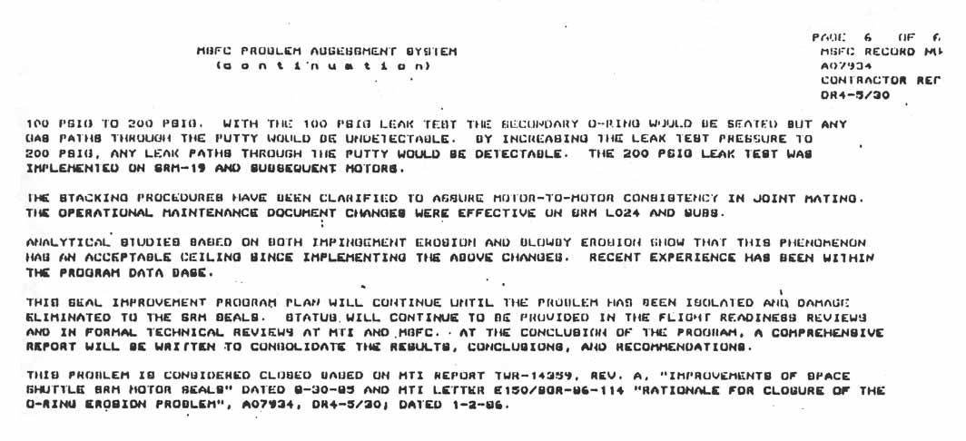 MSFC Problem Assessment System: Problem Title: Segment Joint Primary O-Ring Charred. (continued).