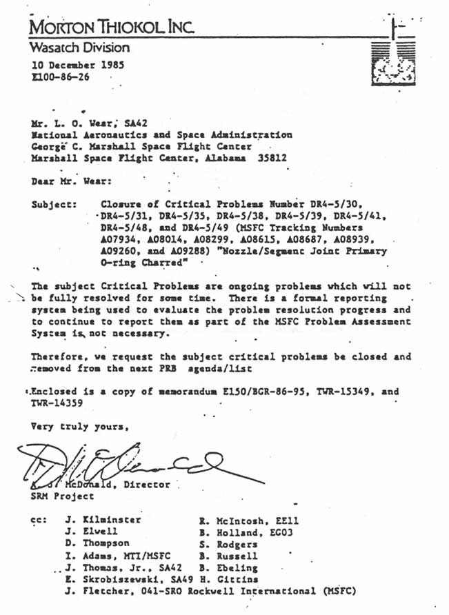 Morton Thiokol Letter to L.O. Wear Regarding Closure of Critical Problems Numbers.