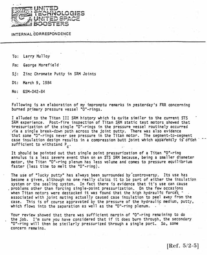 United Technologies United Space Boosters Internal Correspondence. To Larry Mulloy From George Morefield. Subject: Zinc Chromate Putty in SRM Joints.