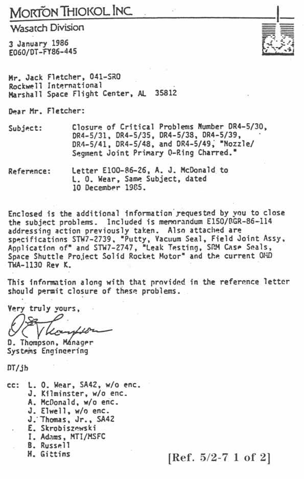 Morton Thiokol Letter to Jack Fletcher Regarding Closure of Critical Problems Numbers. 