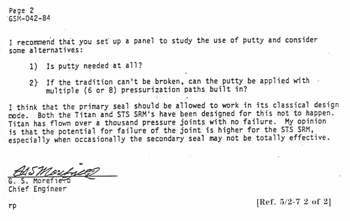 United Technologies United Space Boosters Internal Correspondence. To Larry Mulloy From George Morefield. Subject: Zinc Chromate Putty in SRM Joints (continued).