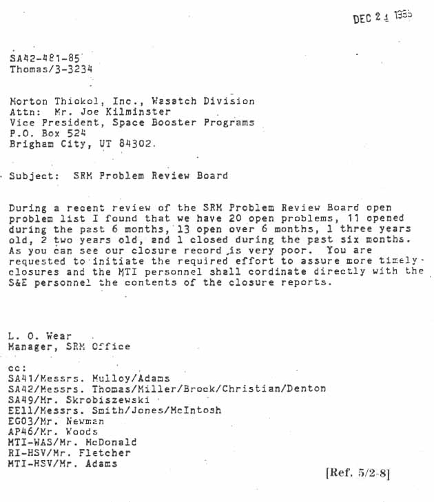 Letter from L.O. Wear to Joe Kilminster at Morton Thiokol Inc. Subject: SRM Problem Review Board.