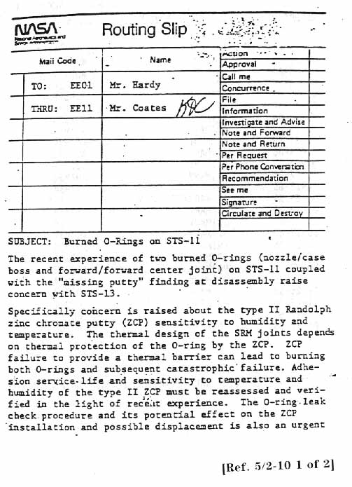 NASA Routing Slip To Mr. Hardy, Subject: Burned O-Rings on STS-11.