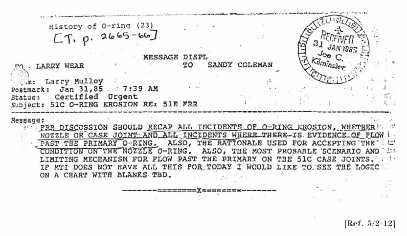 Message from Larry Mulloy. Subject: 51C O-Ring Erosion RE: 51E FRR.