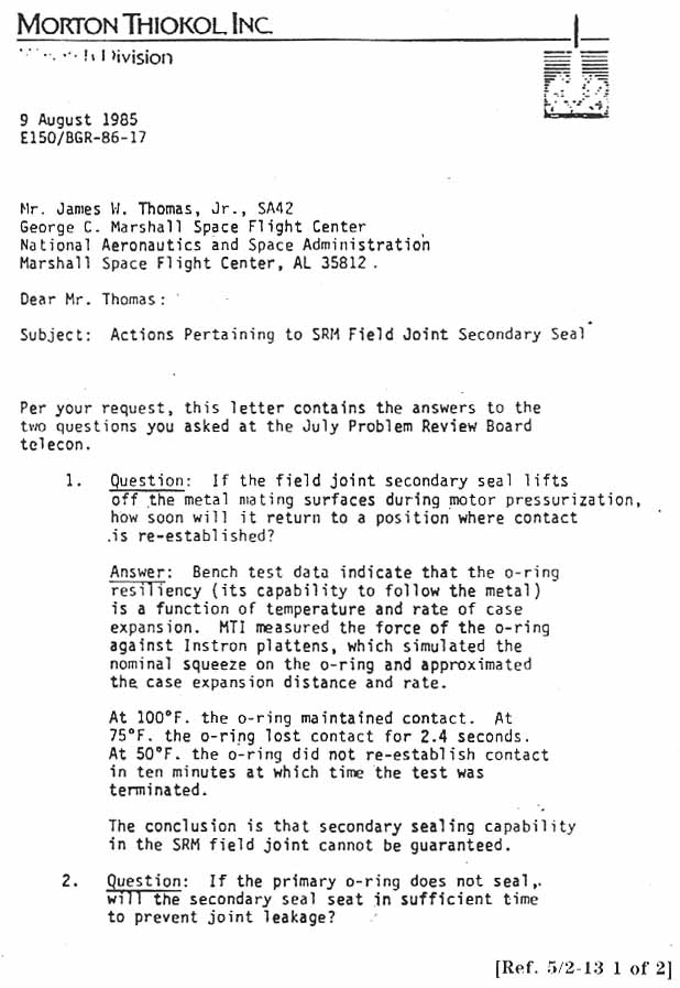 Morton Thiokol Inc. (MTI) from Brian Russell, Manager, SRM Ignition System to James W. Thomas, MSFC.Subject: Actions Pertaining to SRM Field Joint Secondary Seal.