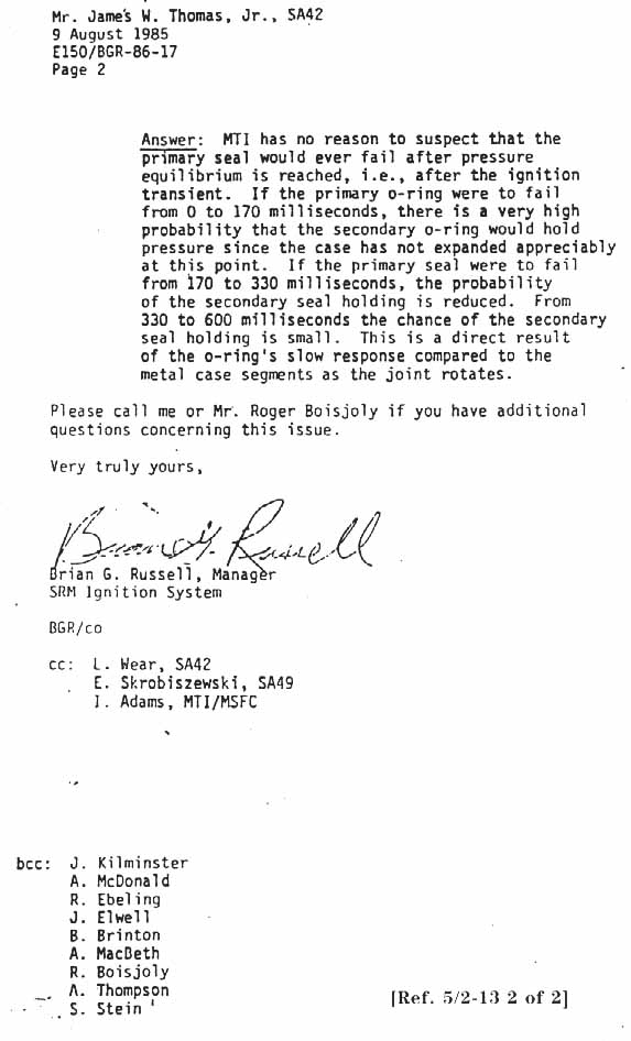 Morton Thiokol Inc. (MTI) from Brian Russell, Manager, SRM Ignition System to James W. Thomas, MSFC (continued).