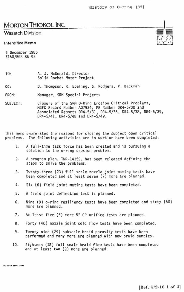 Morton Thiokol Inc. Interoffice Memo From Manager, SRM Special Projects to A. J. McDonald. Subject: Closure of the SRM O-Ring Erosion Critical Problems.