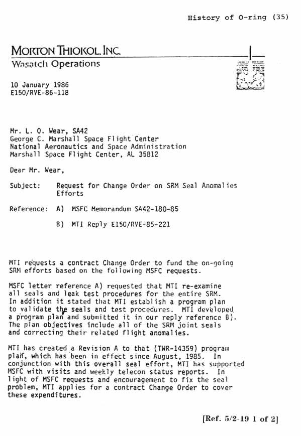 Morton Thiokol Inc. Letter From Brian Russell, Manager, Special Projects to L. O. Wear. Subject: Request for change order on SRM seal anomalies effort.