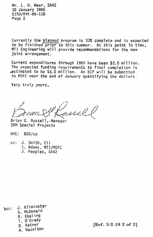 Morton Thiokol Inc. Letter From Brian Russell, Manager, Special Projects to L. O. Wear. Subject: Request for change order on SRM seal anomalies effort.