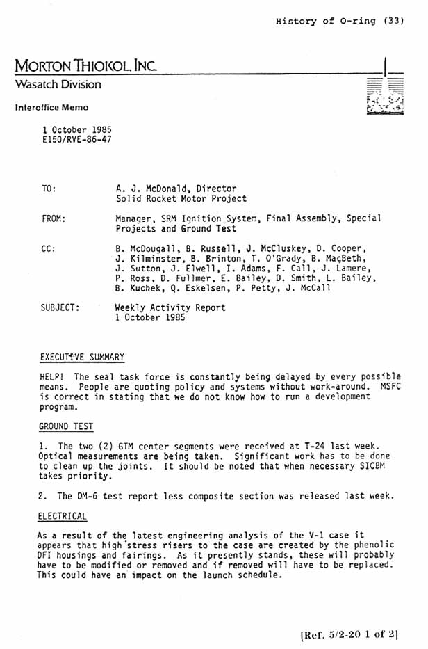 Morton Thiokol Inc. Interoffice Memo From Manager, SRM Ignition System, Final Assembly, Special Projects and Ground Test to A.J. McDonald. Subject: Weekly Activity Report, 1 October 1985.