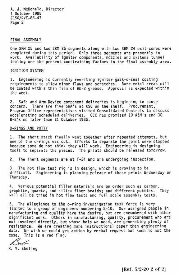 Morton Thiokol Inc. Interoffice Memo From Manager, SRM Ignition System, Final Assembly, Special Projects and Ground Test to A.J. McDonald. Subject: Weekly Activity Report, 1 October 1985 (continued).