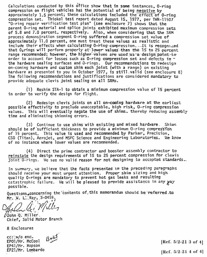 MSFC Letter from Mr. Miller to Mr. Eudy. Subject: Restatement of Position on SRM Clevis Joint O-Ring Acceptance Criteria and Clevis Joint Shim Requirements.
