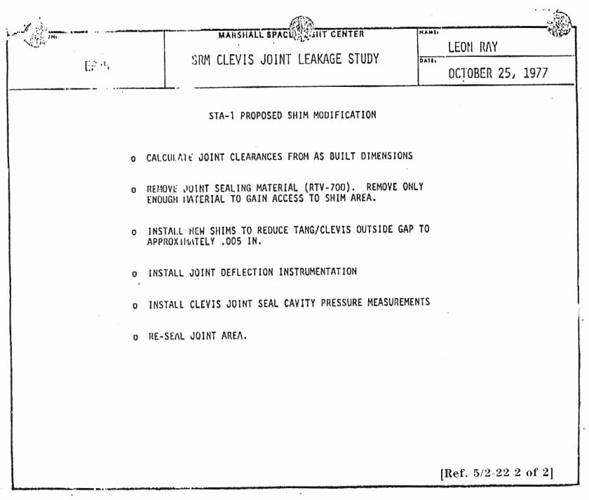 MSFC's SRM Clevis Joint Leakage Study. Leon Ray, October 25, 1977.