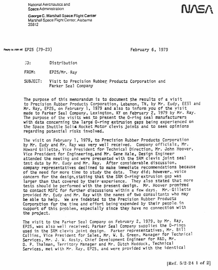 Letter MSFC Letter from Mr. Ray to Distribution. Subject: Visit to Precision Rubber Products Corporation and Parker Seal Company.