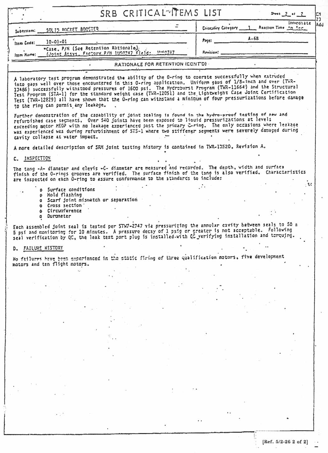 SRB Critical Items List. December 17, 1982. (continued).