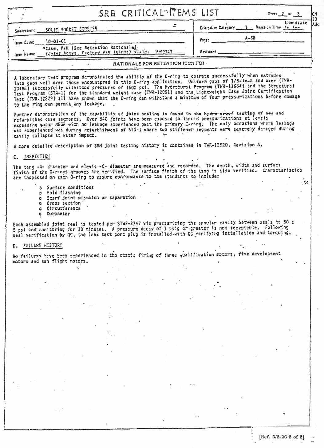 SRB Critical Items List. December 17, 1982. (continued).