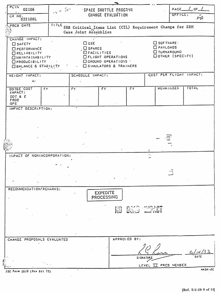 Space Shuttle Program Change Evaluation: Title: SRB Critical Item List (CIL) Requirement Change for SRM Case Joint Assemblies. 2/14/83.