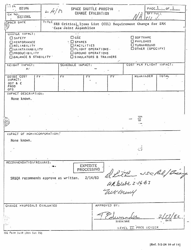 Space Shuttle Program Change Evaluation: Title: SRB Critical Item List (CIL) Requirement Change for SRM Case Joint Assemblies. 2/17/83.