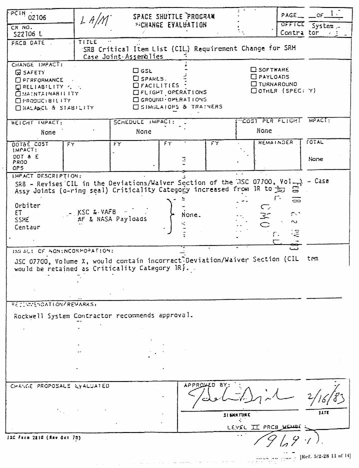 Space Shuttle Program Change Evaluation: Title: SRB Critical Item List (CIL) Requirement Change for SRM Case Joint Assemblies. 2/16/83.