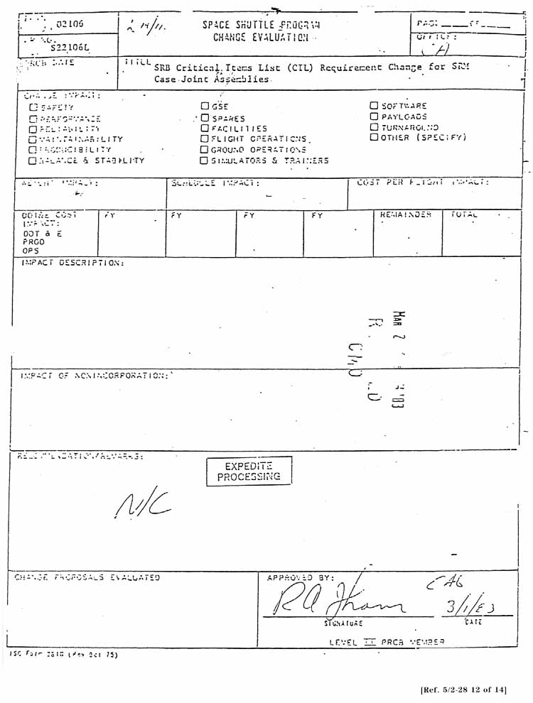 Space Shuttle Program Change Evaluation: Title: SRB Critical Item List (CIL) Requirement Change for SRM Case Joint Assemblies. 3/1/83.