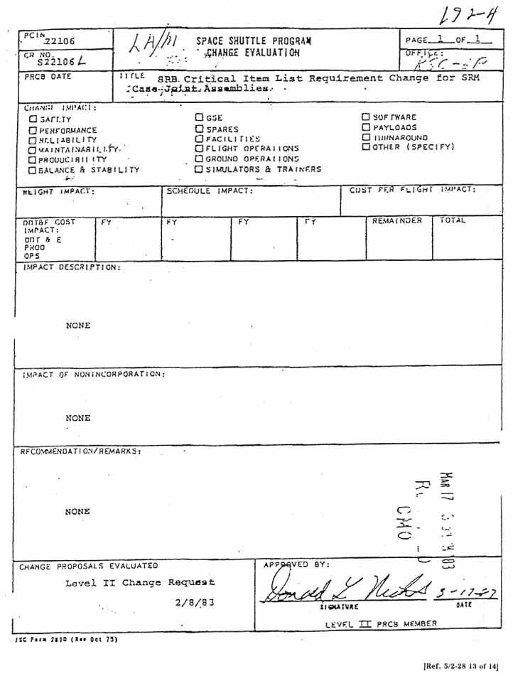 Space Shuttle Program Change Evaluation: Title: SRB Critical Item List (CIL) Requirement Change for SRM Case Joint Assemblies. 3/17/83.