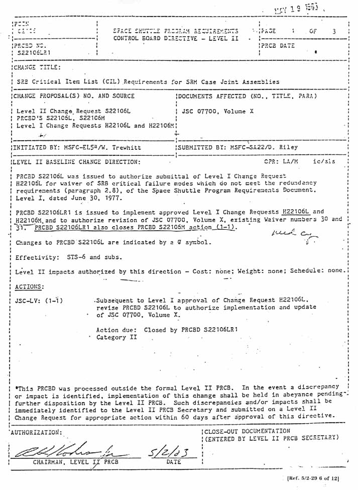 Space Shuttle Program Requirements Control Board Directive - Level II. Change Title: SRB Critical Item List (CIL) Requirement Change for SRM Case Joint Assemblies. 