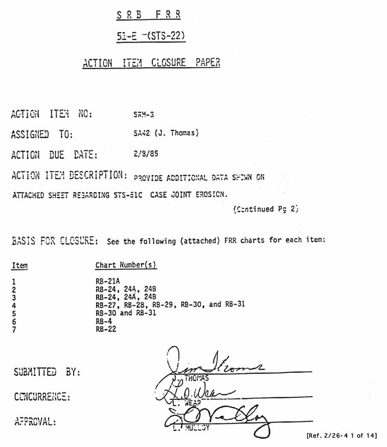 SRB FRR 51-E (STS-22) Action Item Closure Paper.