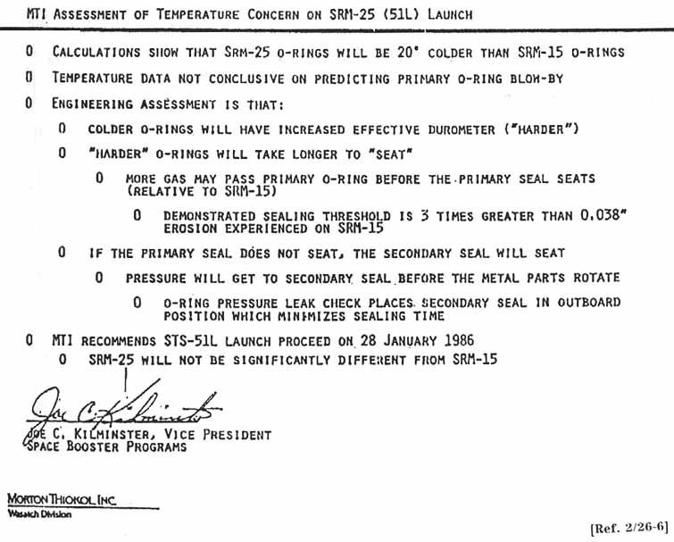 MTI Assessment of Temperature Concern on SRM-25 (51L) Launch. Signed: Joe Kilminster.