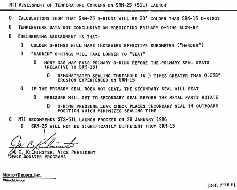 MTI Assessment of Temperature Concern on SRM-25 (51L) Launch. Signed: Joe Kilminster.
