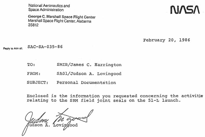 NASA note to James Harrington from Judson A. Lovingood; subject: personal documentation; Date: February 20, 1986.