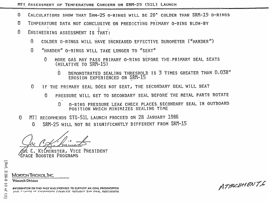 MTI (Morton Thiokol Inc.) Assessment of Temperature Concern on SRM-25 (51-L) Launch. Signed: Joe Kilminster.