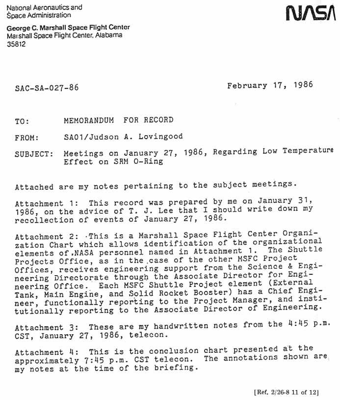 NASA Memo: To Memorandum for Record from J.A. Lovingood; Subject: Meetings on January 27, 1986, Regarding Low Temperature Effect on SRM O-Ring.