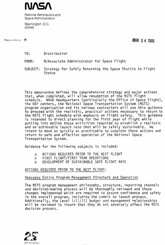 March 24, 1986 Memorandum from the Associate Administrator for Space Flight: Strategy for Safely Returning the Space Shuttle to Flight Status.

