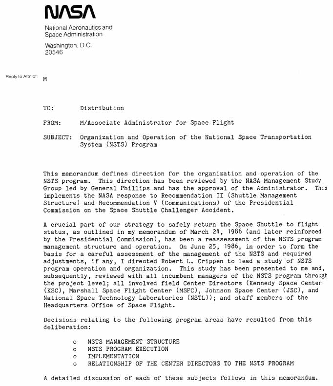 NASA letter. From: Associate Administrator for Space Flight. Subject: 

Organization and Operation of the NSTS Program