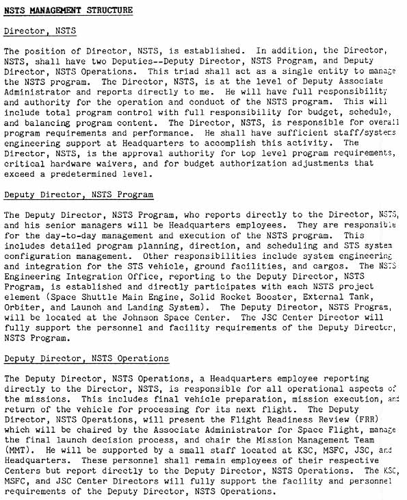 NASA letter. From: Associate Administrator for Space Flight. Subject: 

Organization and Operation of the NSTS Program- continued

