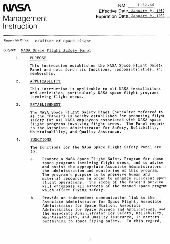 NASA Management Instruction on Space Flight Safety Panel