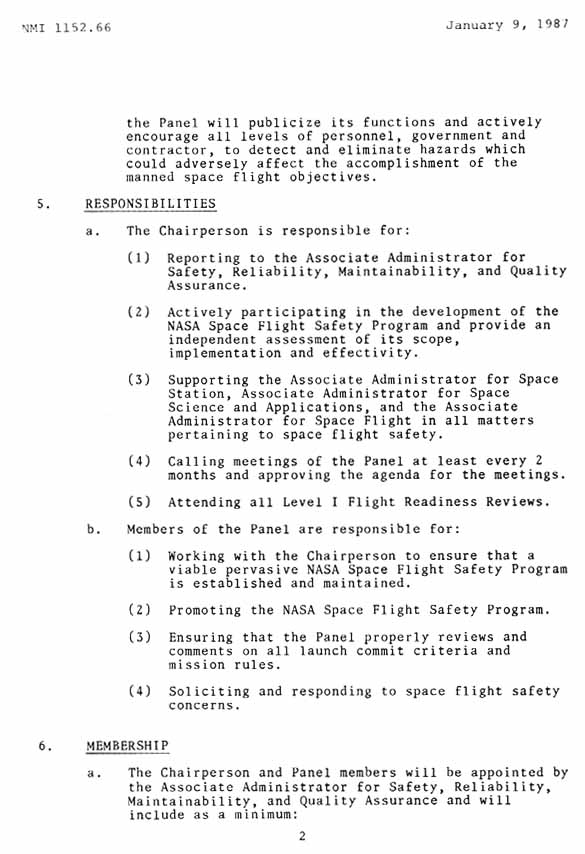 NASA Management Instruction on Space Flight Safety Panel- continued

