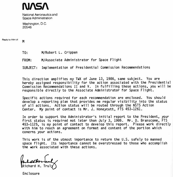 NASA Memoranda directing the implementation of the Presidential Commission on the Space Shuttle Accident Recommendations. 

