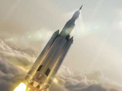 Artists Illustration of Space Launch System taking off through the clouds on it's way to deep space.