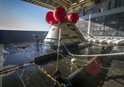Photo of Orion capsule aboard a U.S. Navy ship during a recovery test.